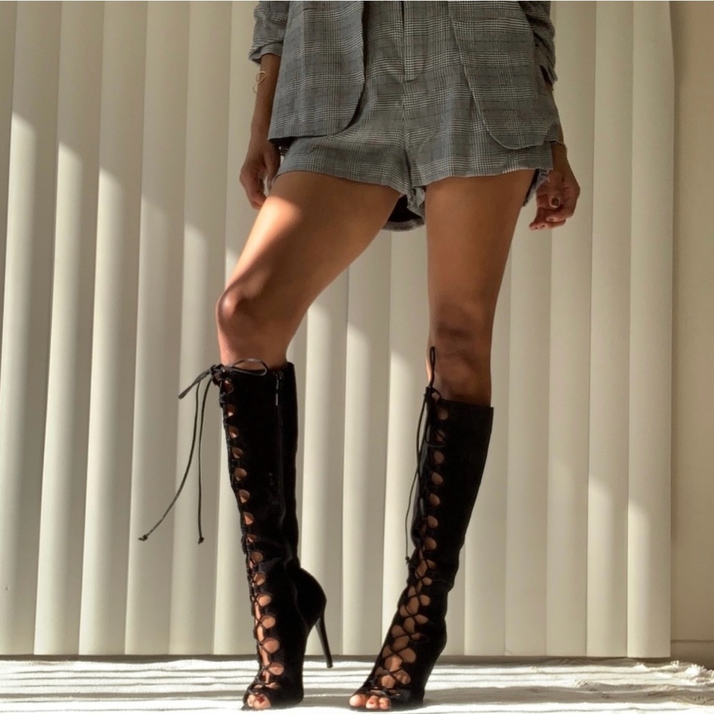 SCHUTZ ILENE BLACK SUEDE LACE UP BOOTS KNEE BOOTS WITH SIDE ZIP SIZE 10B